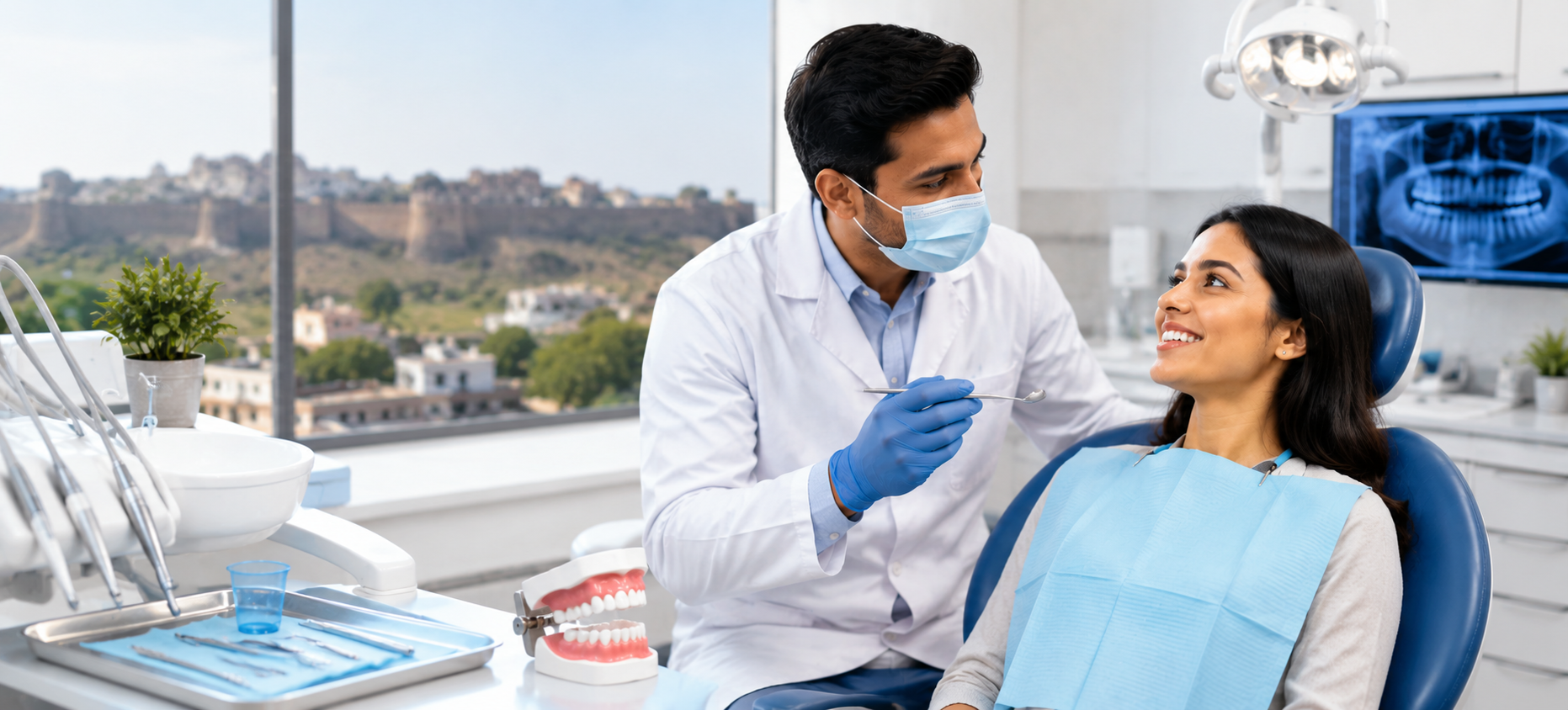 Patient consulting an experienced dentist in a modern dental clinic in Belgaum.